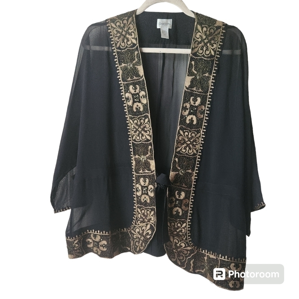 Chicos DRESSY 100% Silk Black and Gold Tie Front Kimono Style Jacket Sz. 2 (M/L)